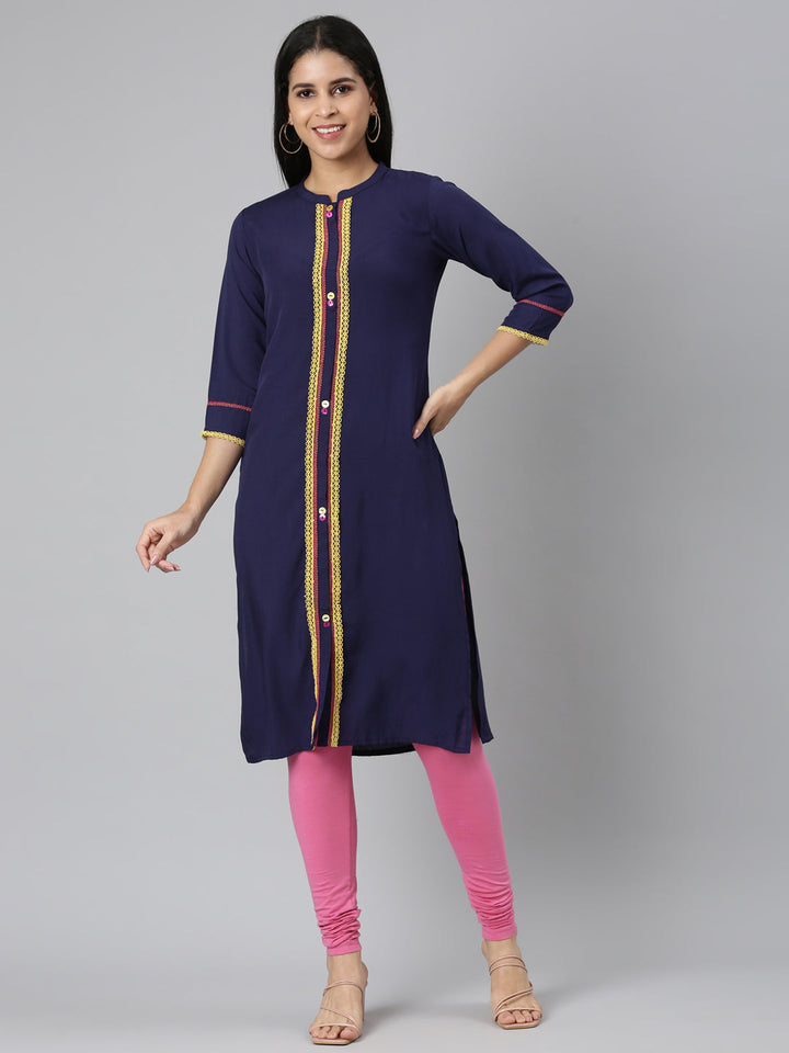 Neerus Blue rayon solid straight kurti - detail view 2