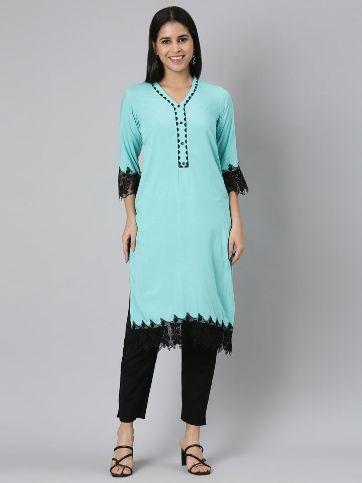 Neerus Green Rayon Solid Straight Kurta - front view