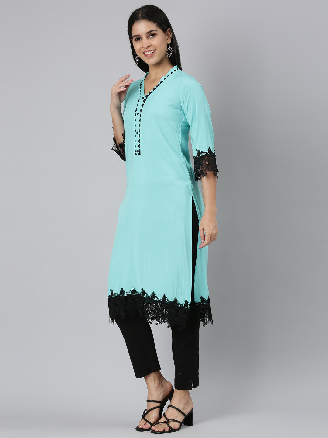 Neerus Green Rayon Solid Straight Kurta - back view