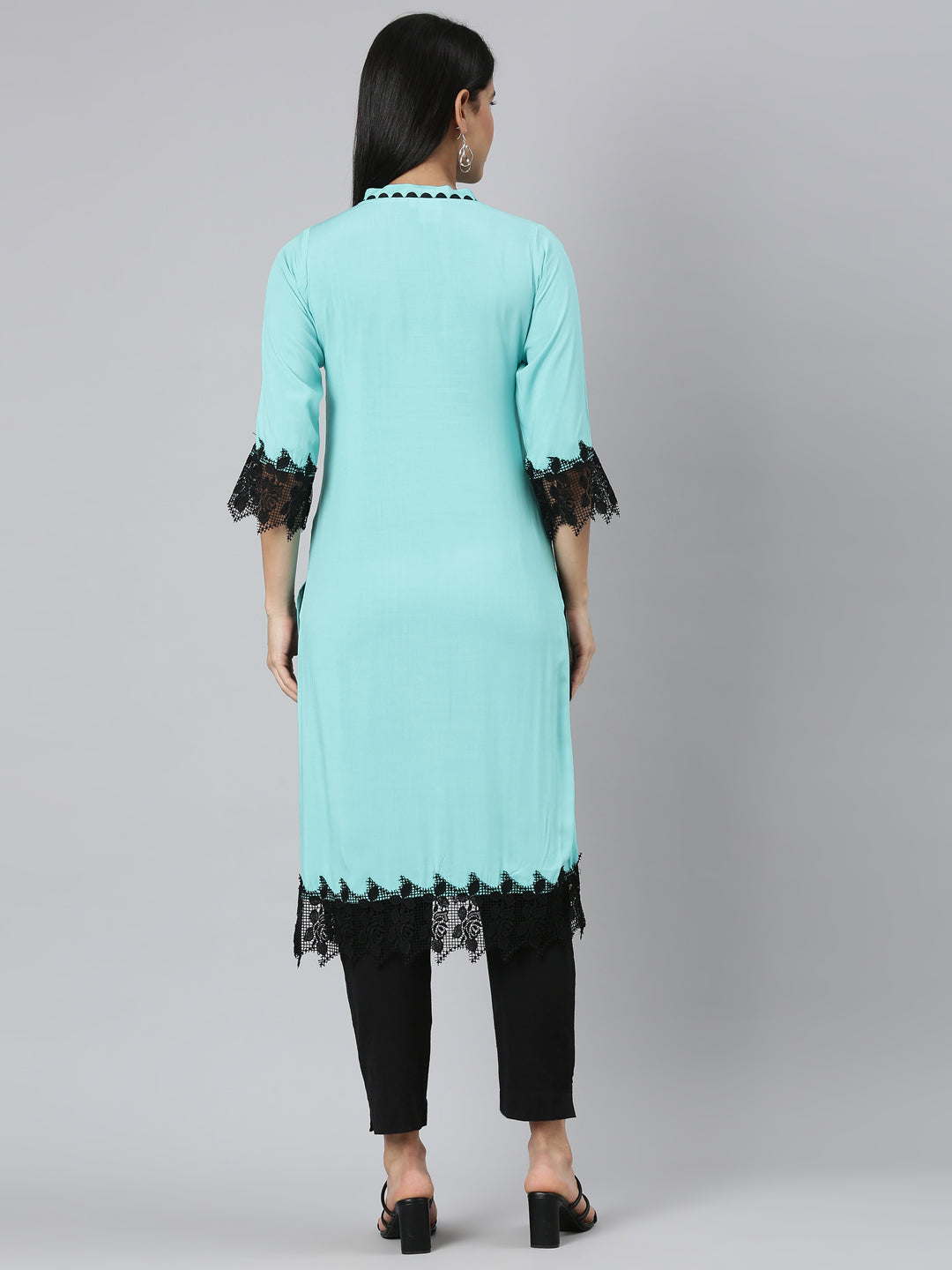 Neerus Green Rayon Solid Straight Kurta - side view