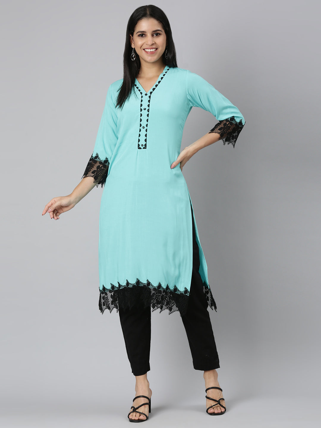 Neerus Green Rayon Solid Straight Kurta - detail view 2