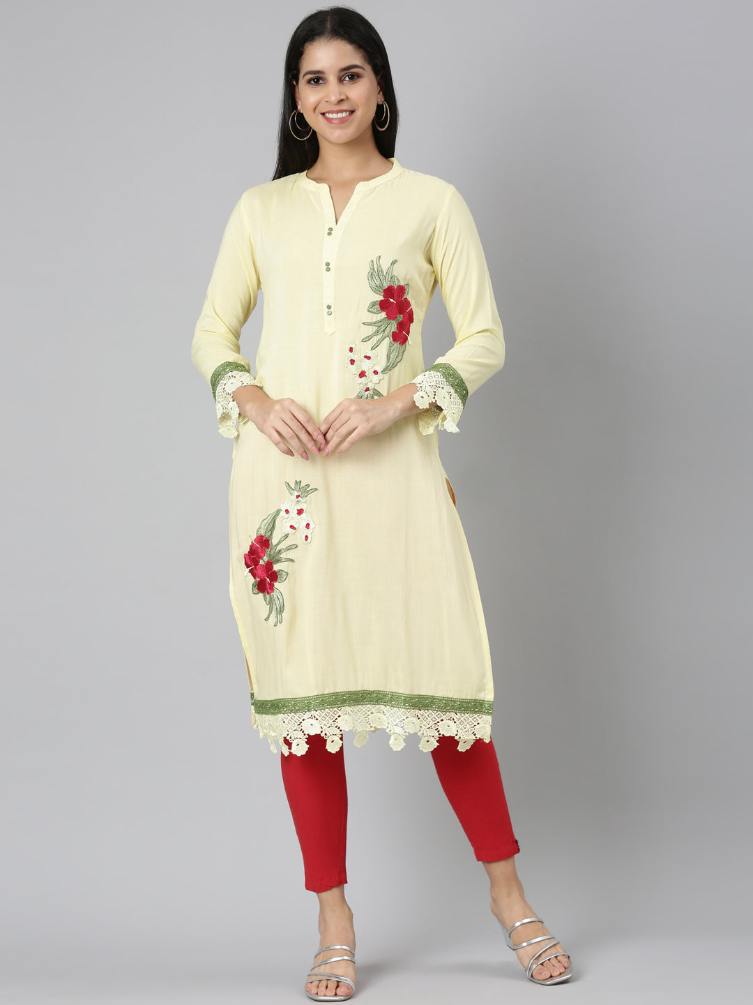 Neerus Yellow Rayon Printed Straight Kurta - front view