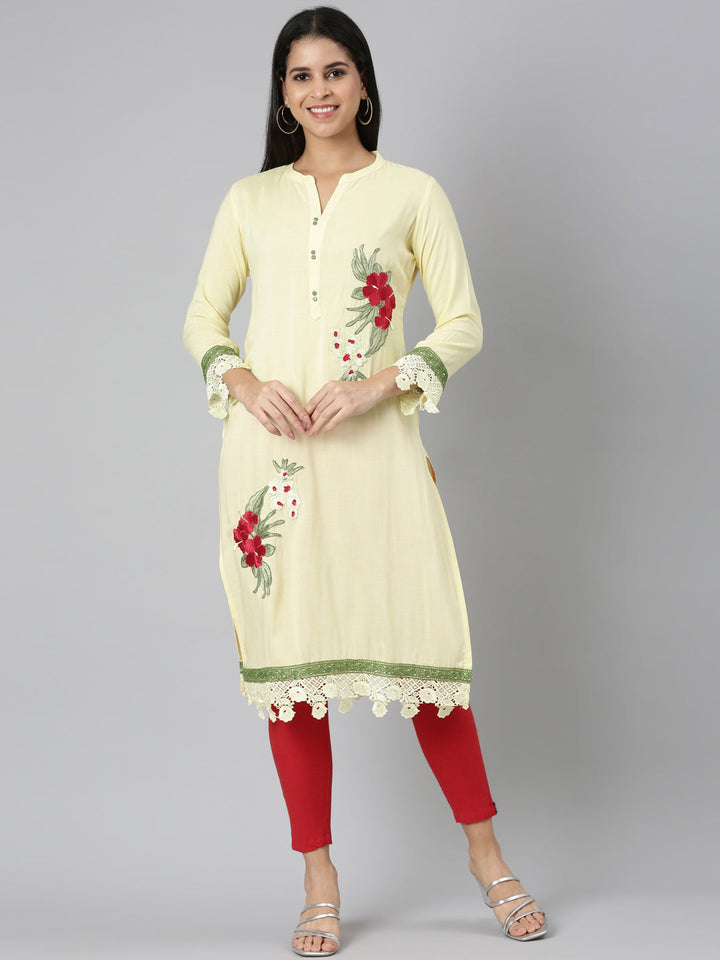 Neerus Yellow Rayon Printed Straight Kurta - front view