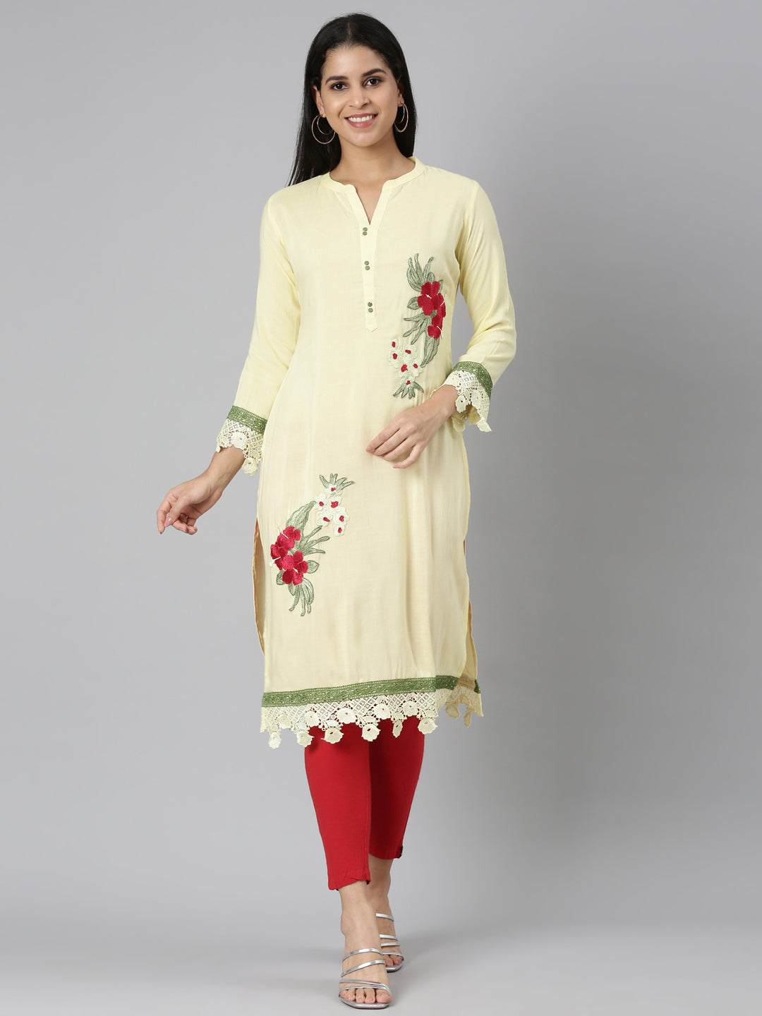 Neerus Yellow Rayon Printed Straight Kurta - detail view 2