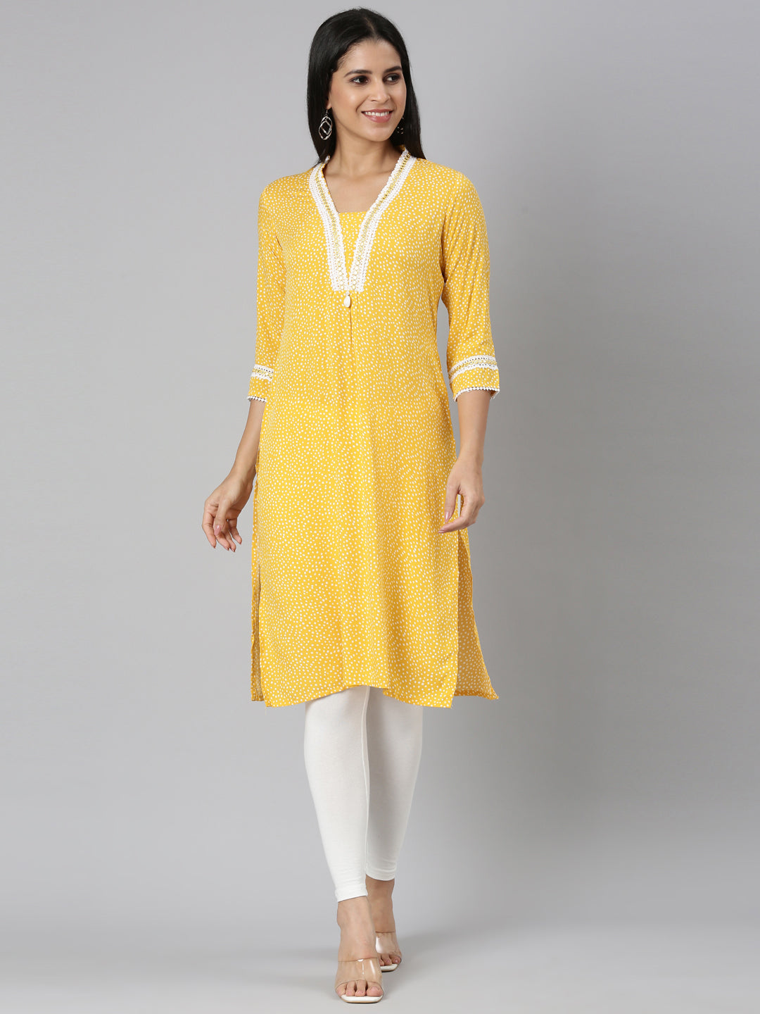 Neerus Yellow rayon Bandhani printed kurti - front view