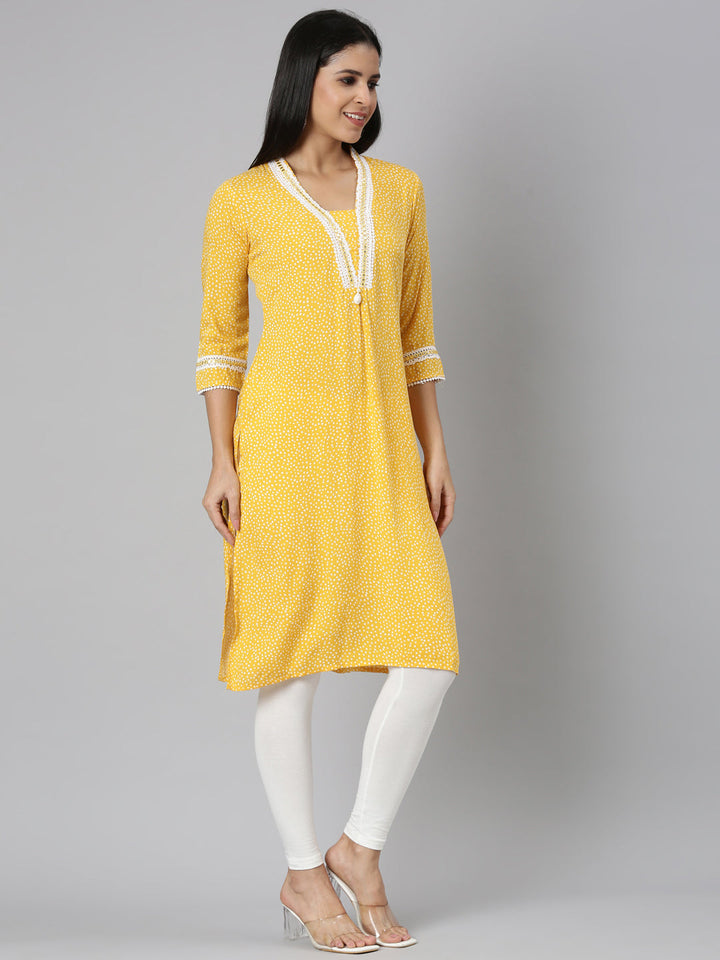 Neerus Yellow rayon Bandhani printed kurti - back view