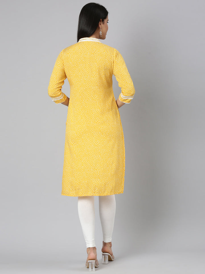 Neerus Yellow rayon Bandhani printed kurti - side view
