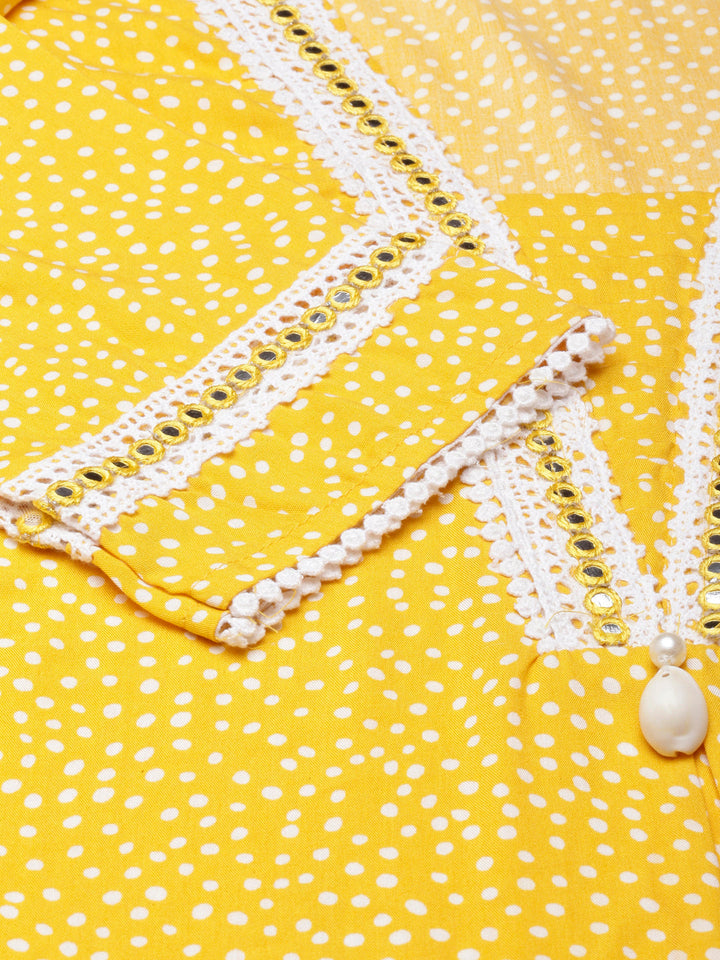 Neerus Yellow rayon Bandhani printed kurti - detail view 1