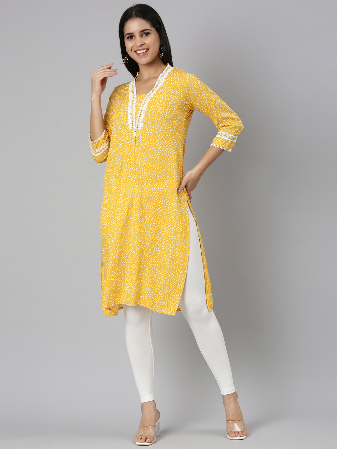 Neerus Yellow rayon Bandhani printed kurti - detail view 2