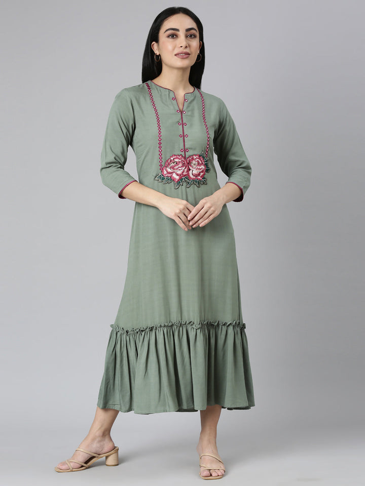 Neerus Green chiffon flared maxi dress - front view