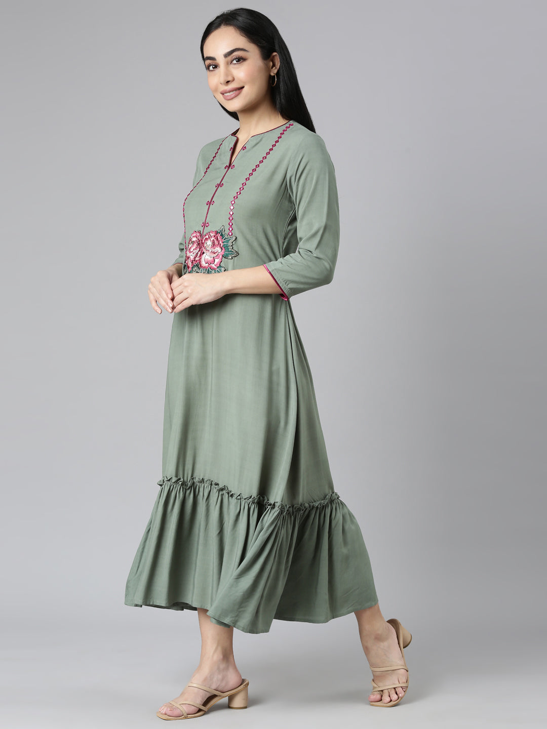 Neerus Green chiffon flared maxi dress - back view