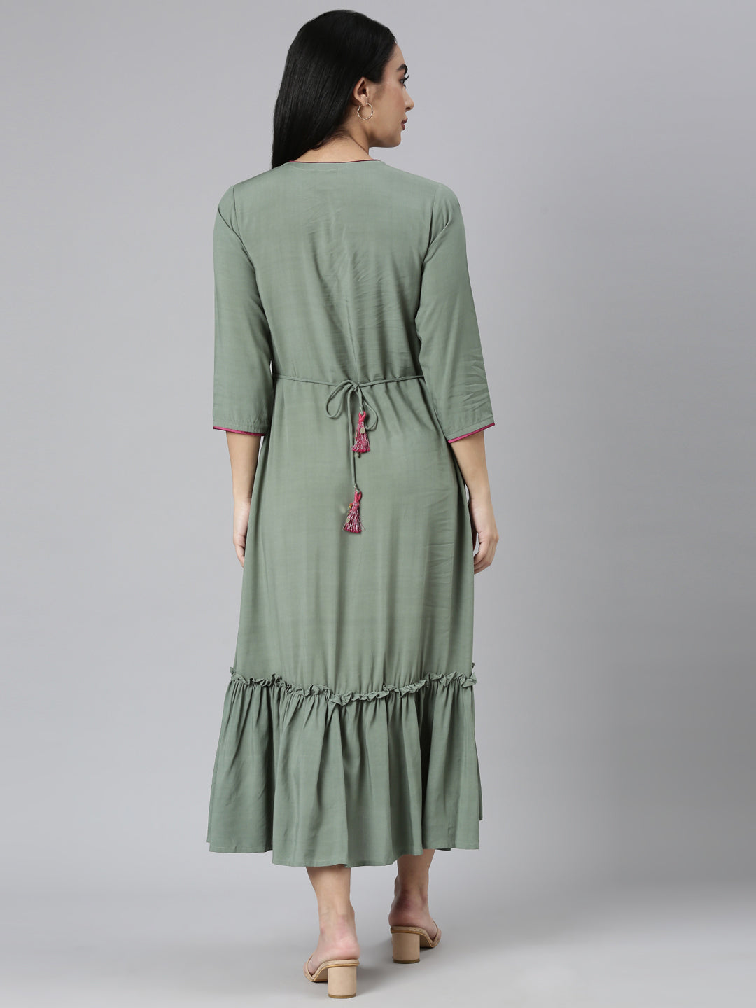 Neerus Green chiffon flared maxi dress - side view
