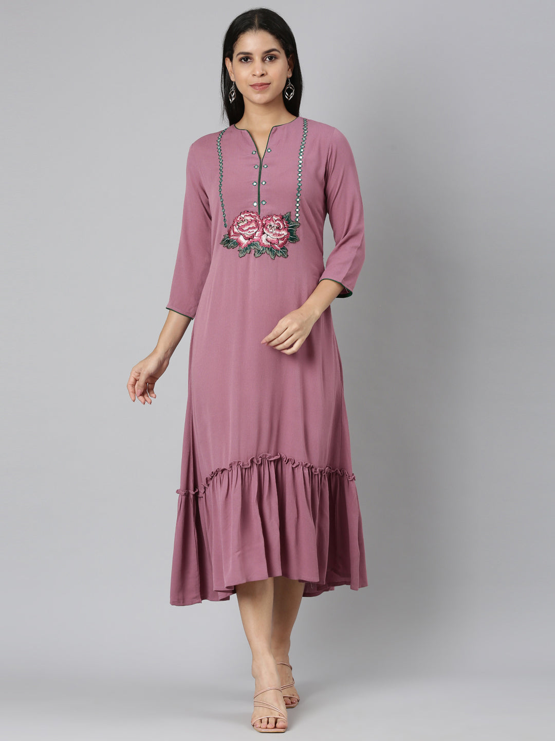 Neerus Pink chiffon printed anarkali kurta - front view