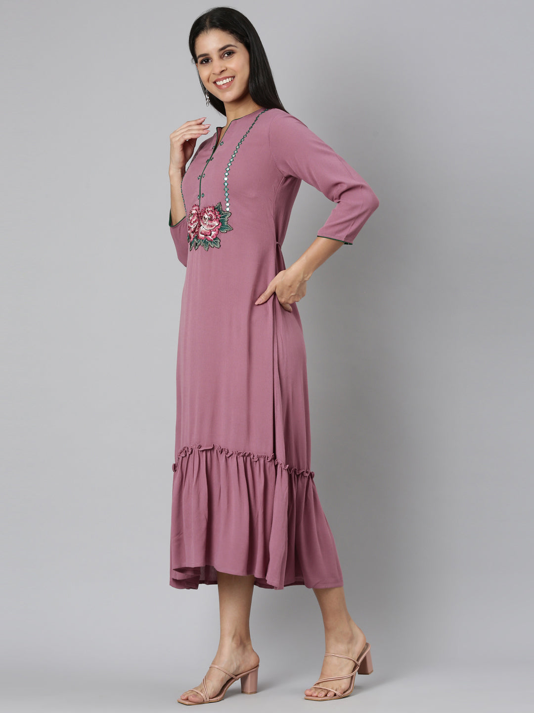 Neerus Pink chiffon printed anarkali kurta - back view
