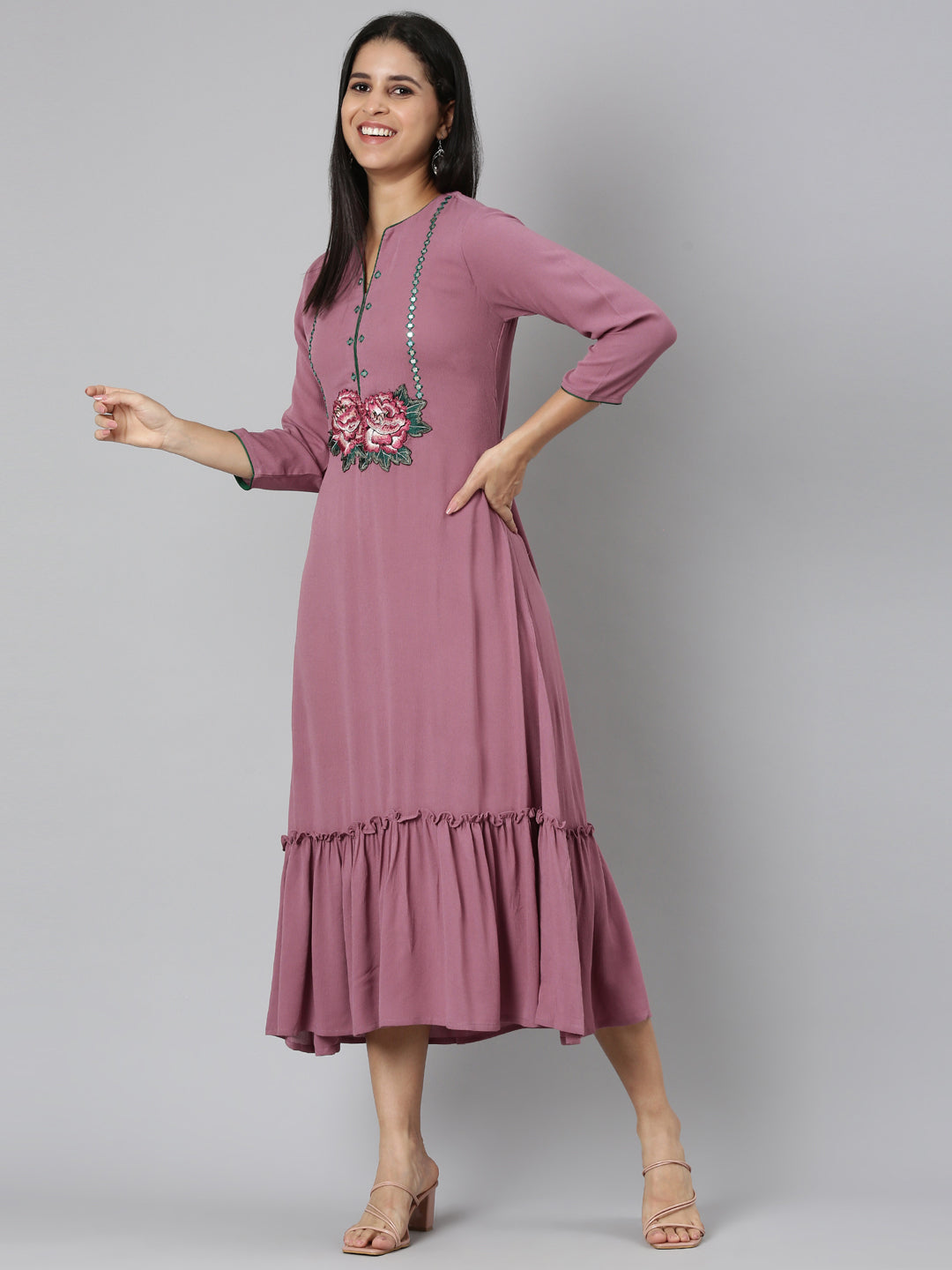 Neerus Pink chiffon printed anarkali kurta - detail view 2