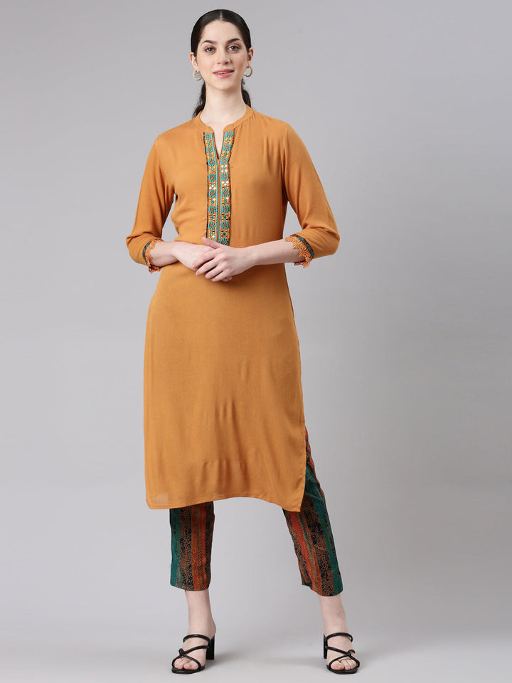 Neerus Yellow chiffon straight kurta set - front view
