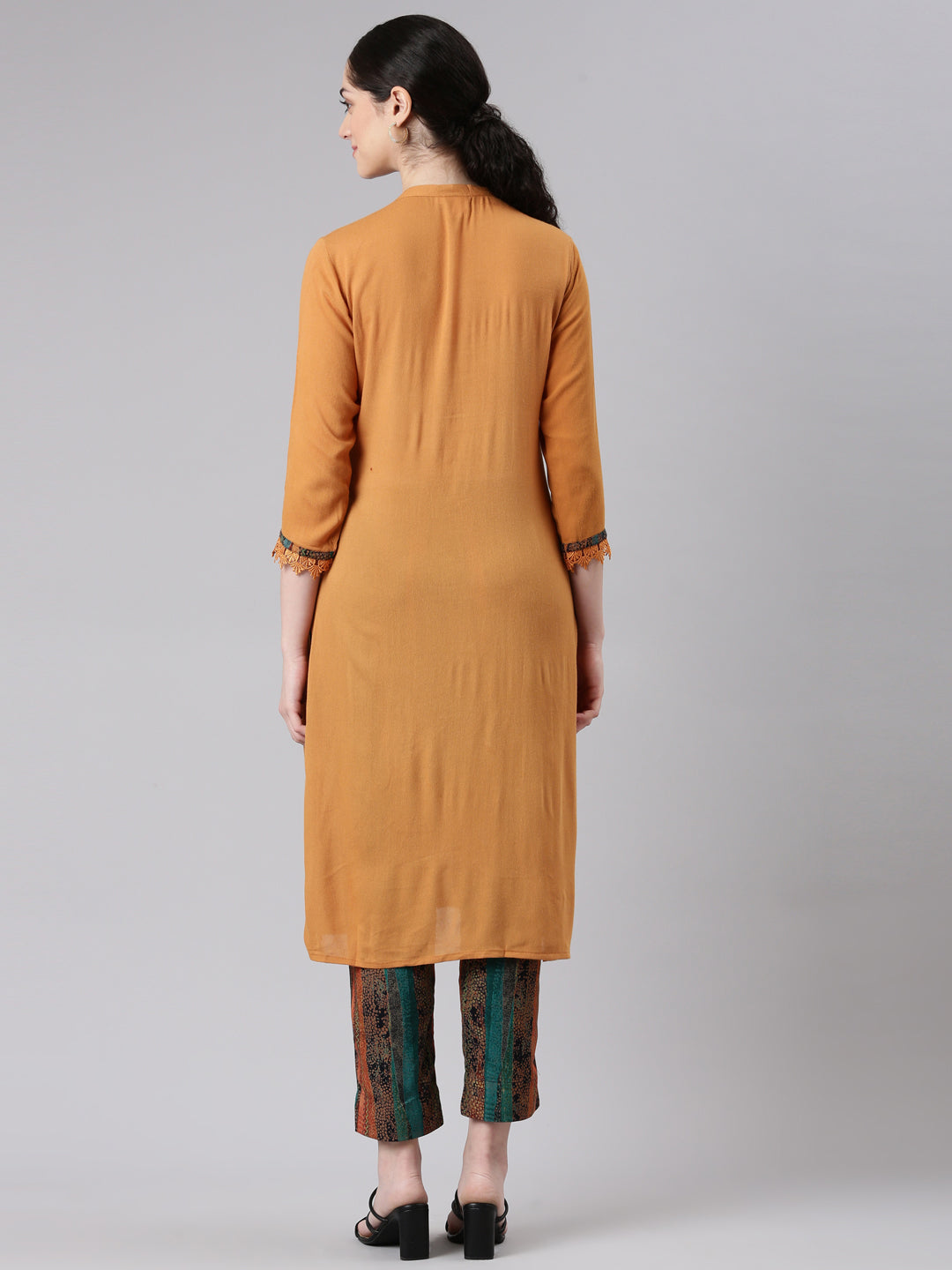 Neerus Yellow chiffon straight kurta set - side view