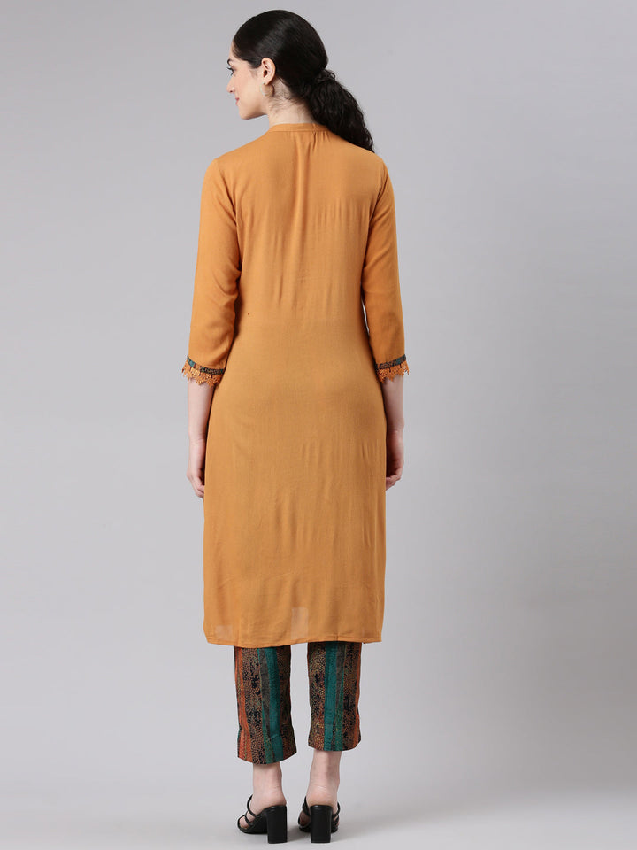 Neerus Yellow chiffon straight kurta set - side view