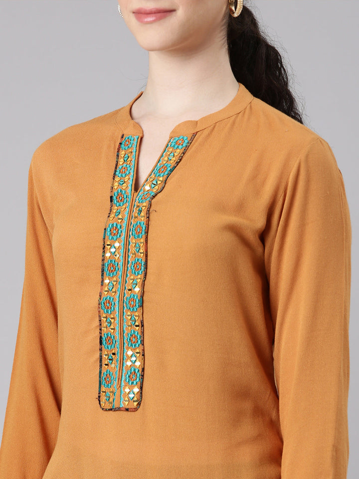 Neerus Yellow chiffon straight kurta set - detail view 1