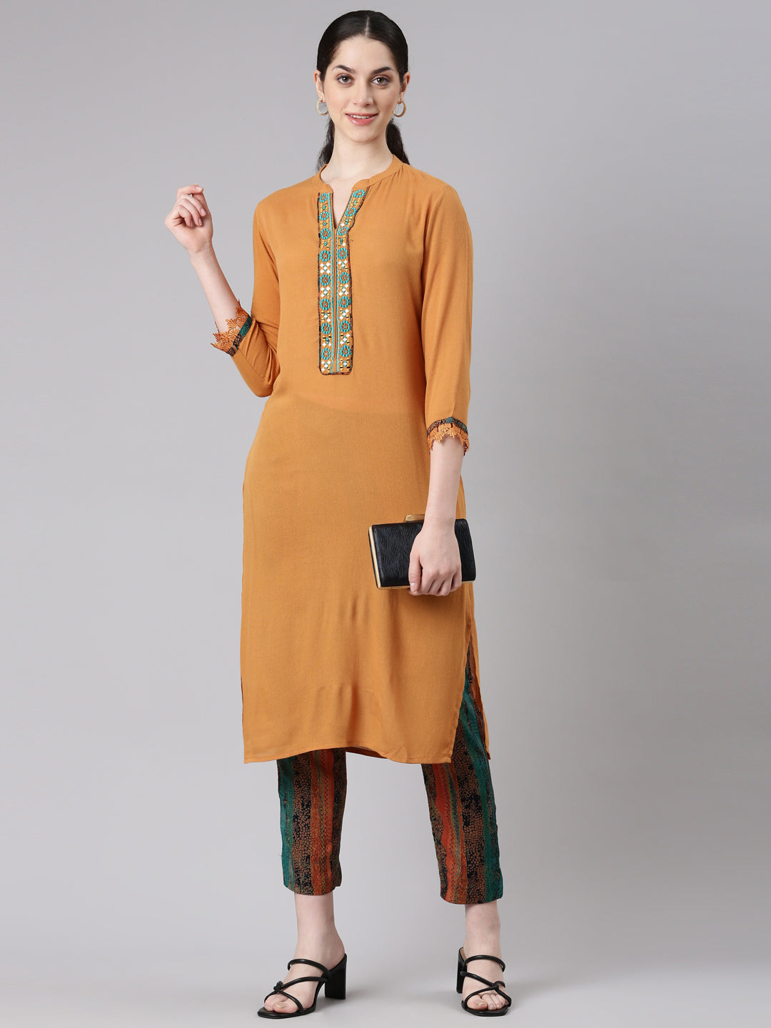 Neerus Yellow chiffon straight kurta set - detail view 2