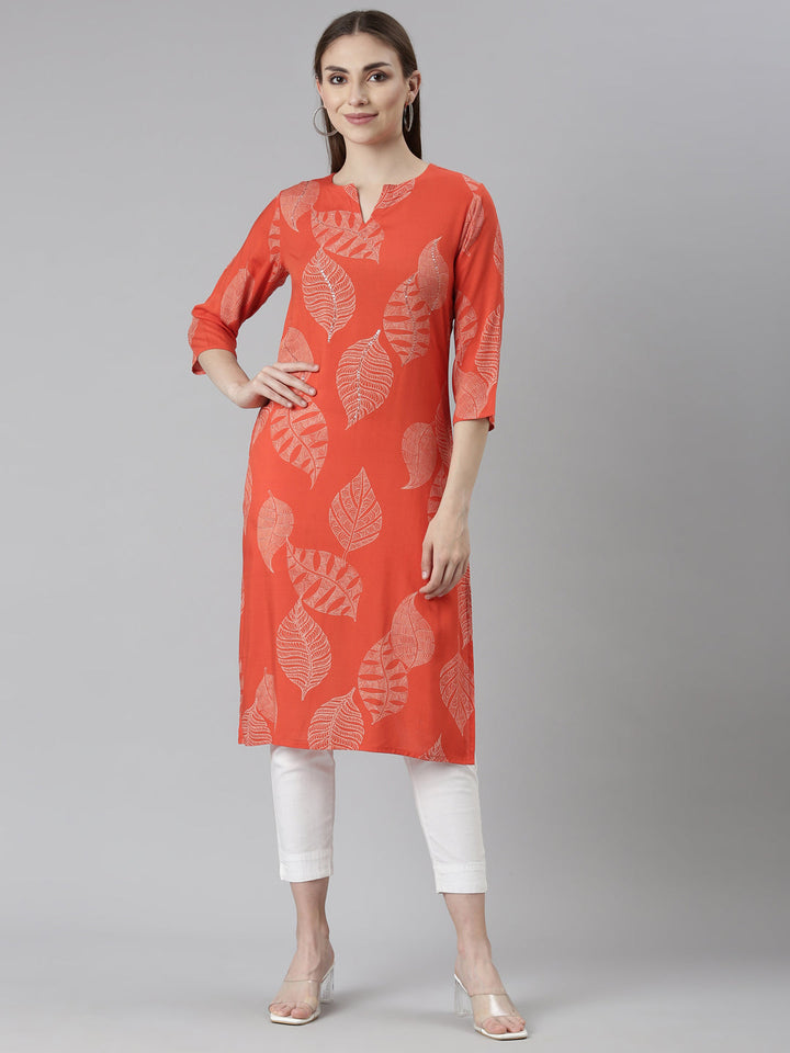 Neerus Orange cotton printed straight kurti - front view