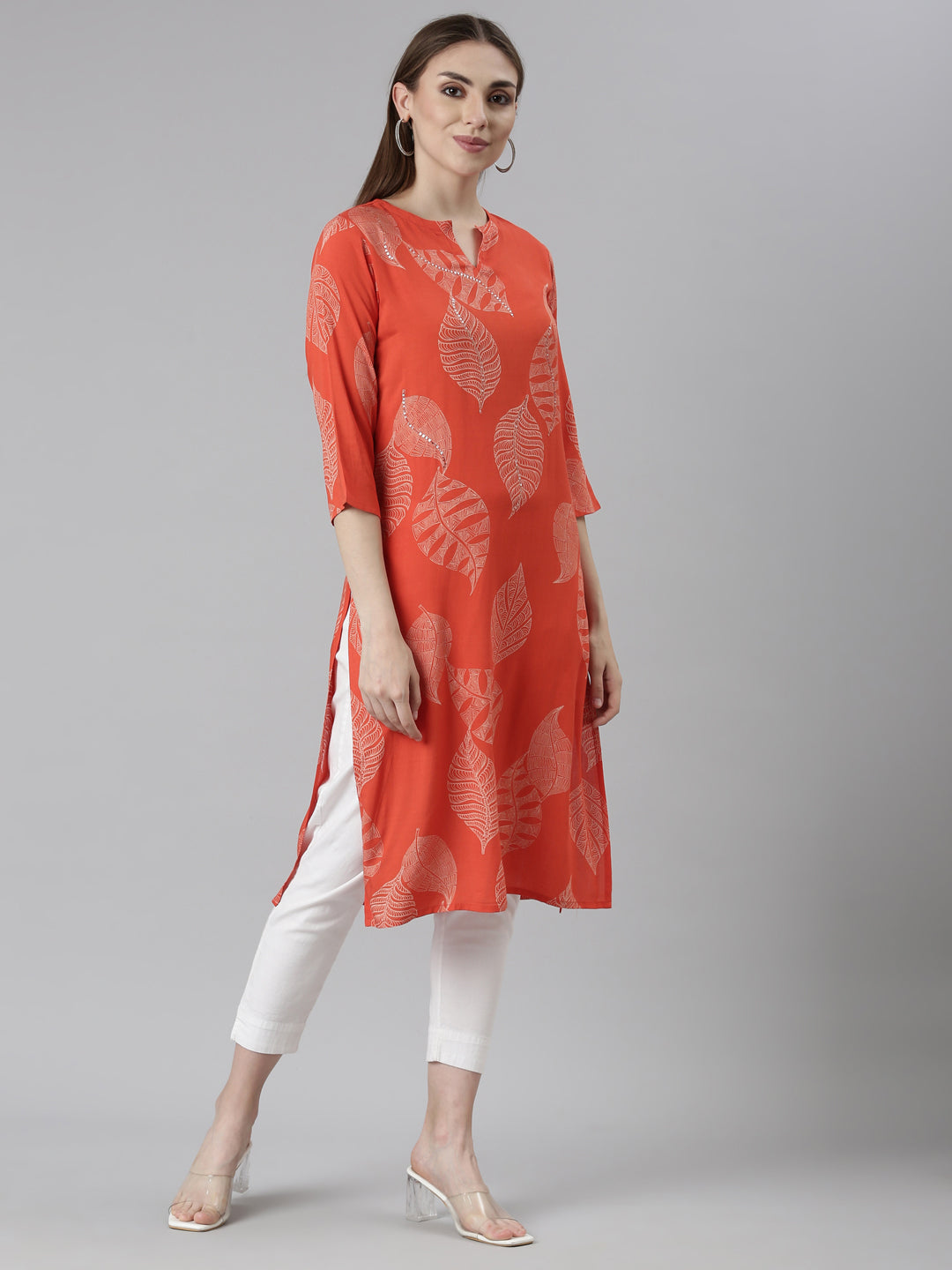 Neerus Orange cotton printed straight kurti - back view