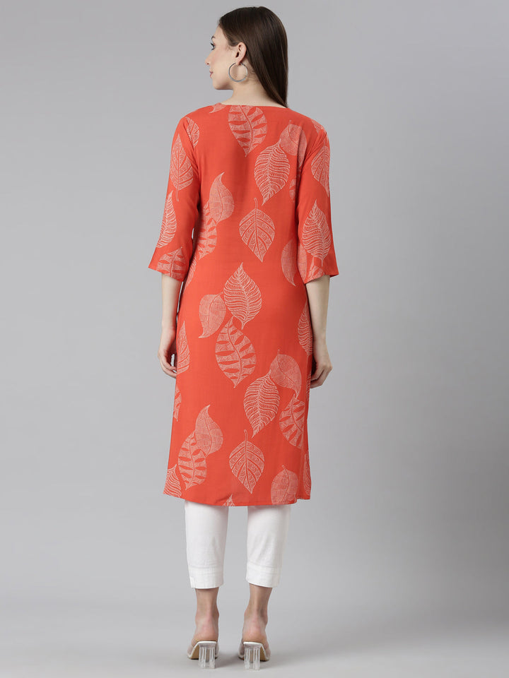 Neerus Orange cotton printed straight kurti - side view