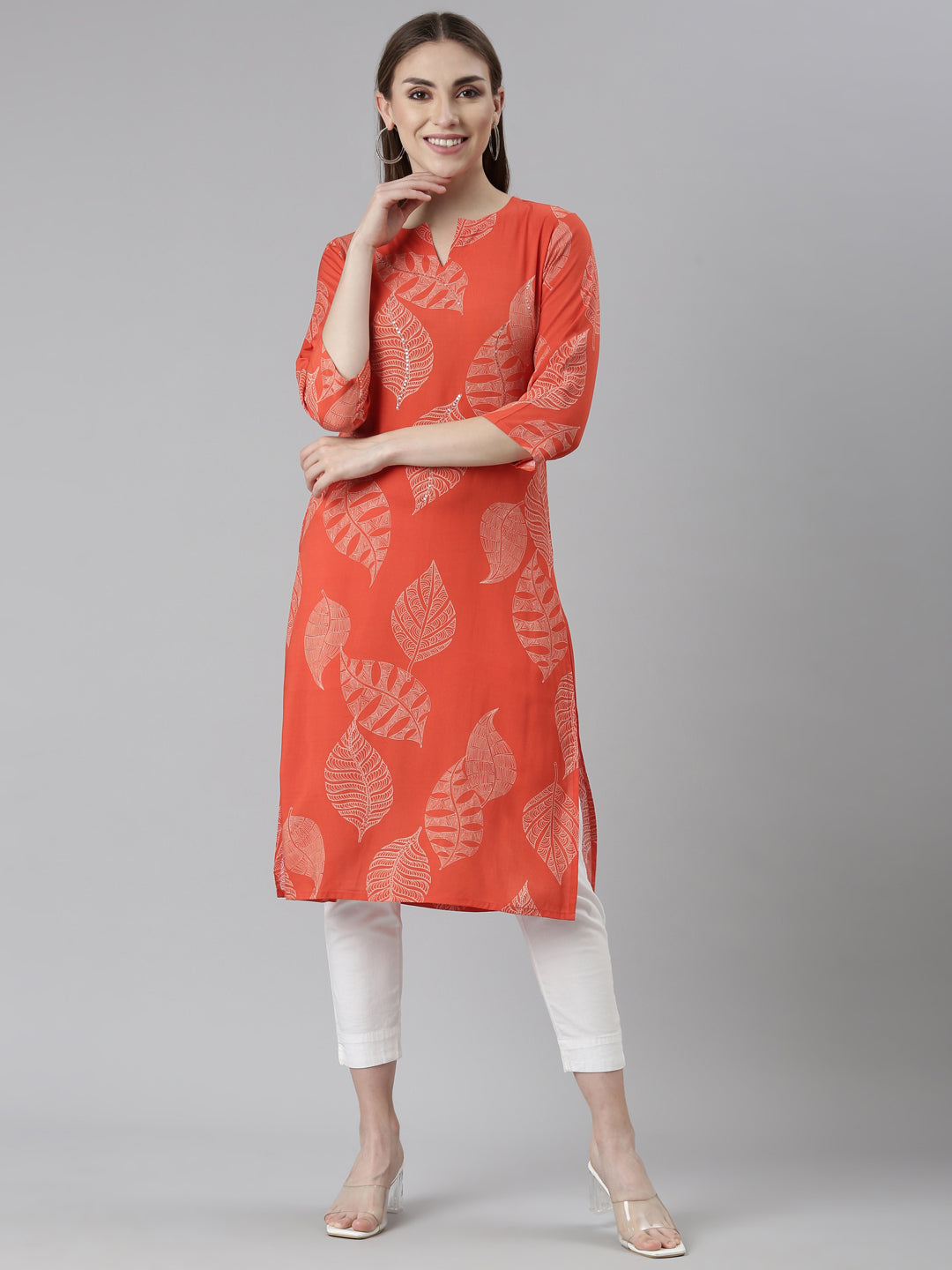 Neerus Orange cotton printed straight kurti - detail view 2