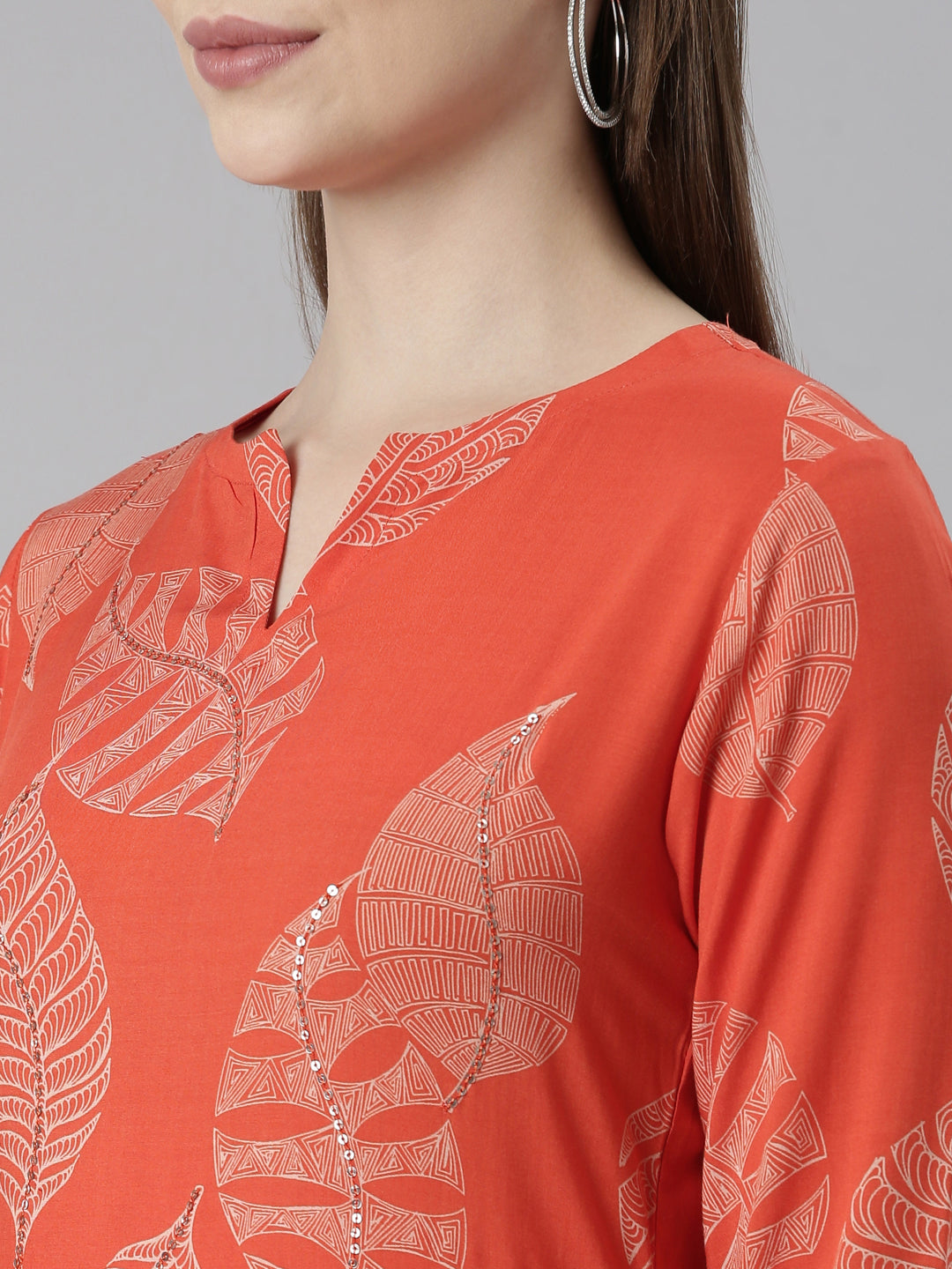 Neerus Orange cotton printed straight kurti - detail view 1