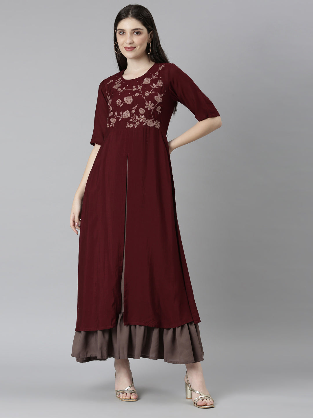 Neerus Brown floral printed straight dress - front view