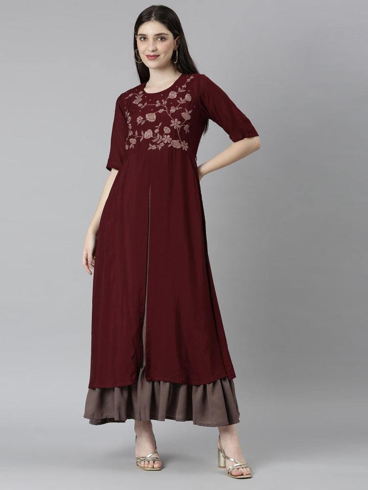 Neerus Brown floral printed straight dress - front view