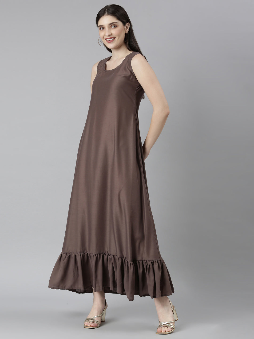 Neerus Brown floral printed straight dress - side view