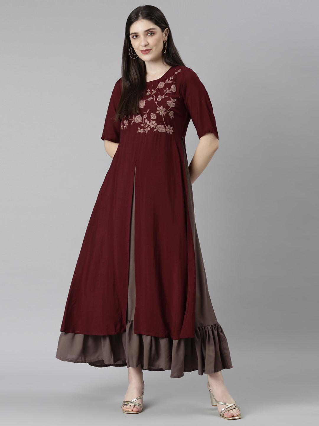 Neerus Brown floral printed straight dress - detail view 3