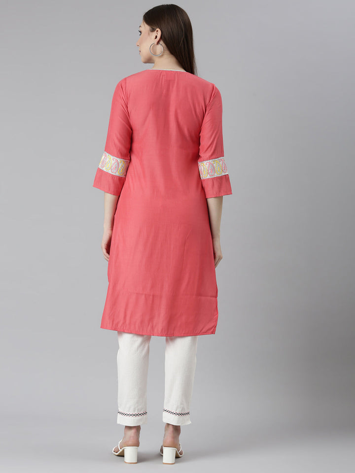 Neerus Orange rayon solid straight kurti - side view