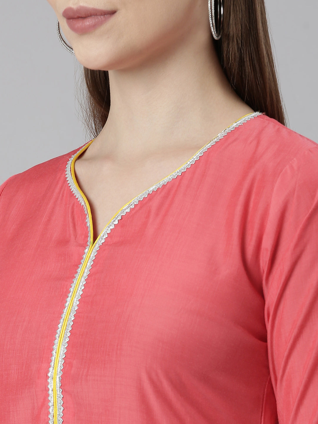 Neerus Orange rayon solid straight kurti - detail view 1