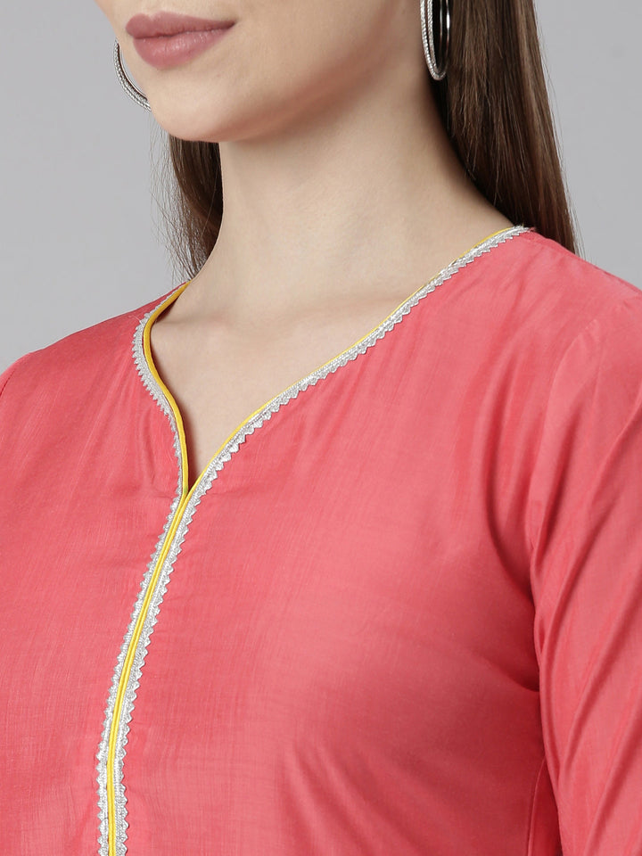Neerus Orange rayon solid straight kurti - detail view 1