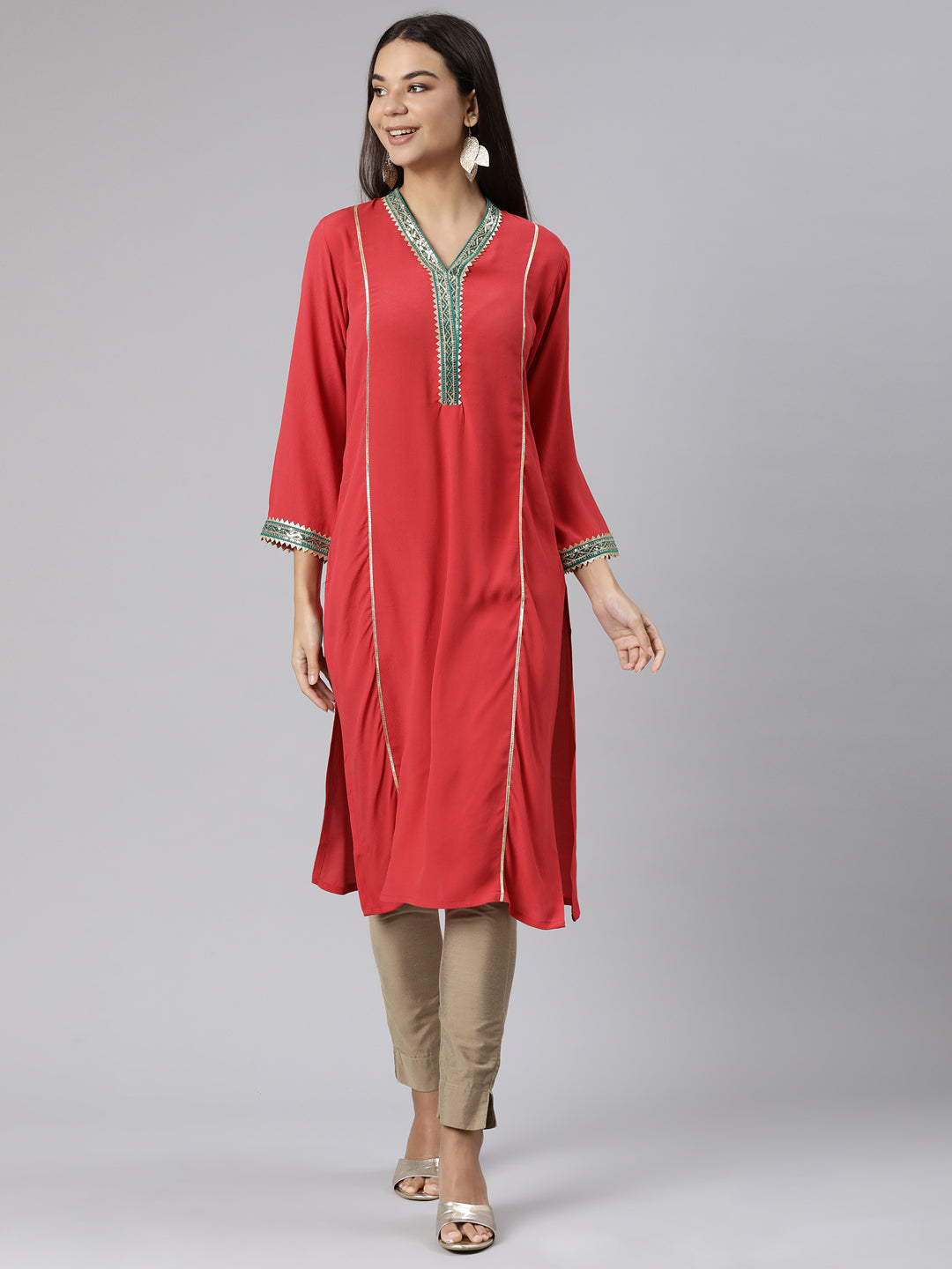 Neerus Red chiffon solid straight kurti - front view