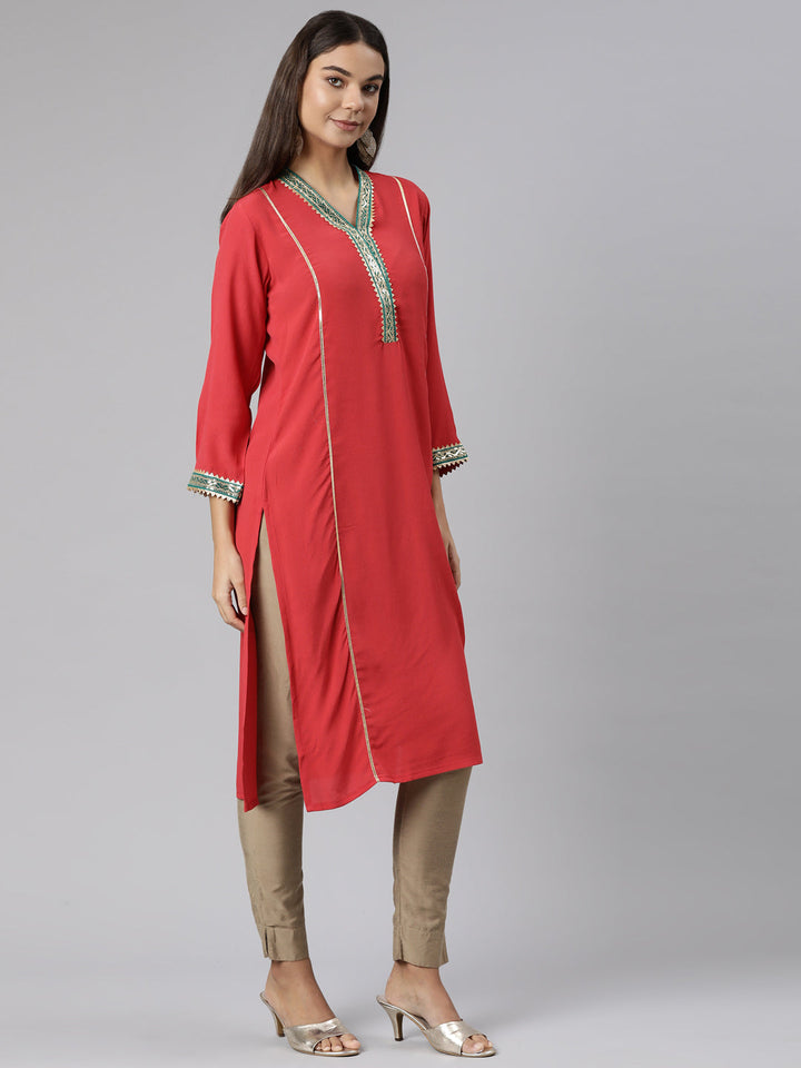 Neerus Red chiffon solid straight kurti - back view