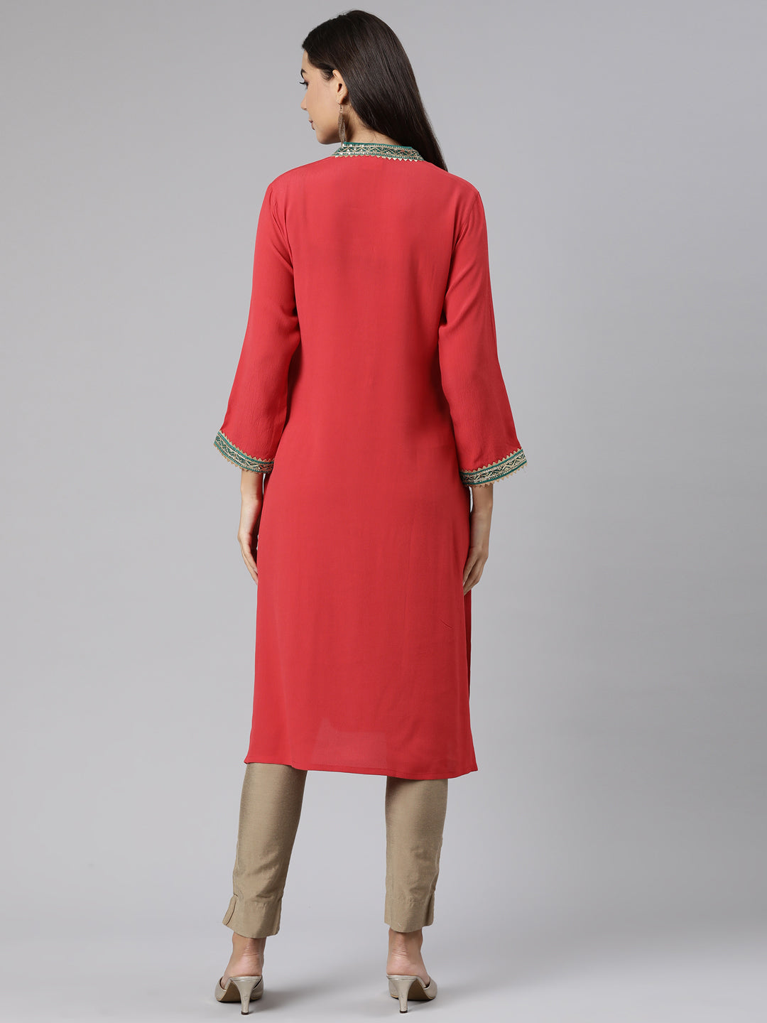 Neerus Red chiffon solid straight kurti - side view