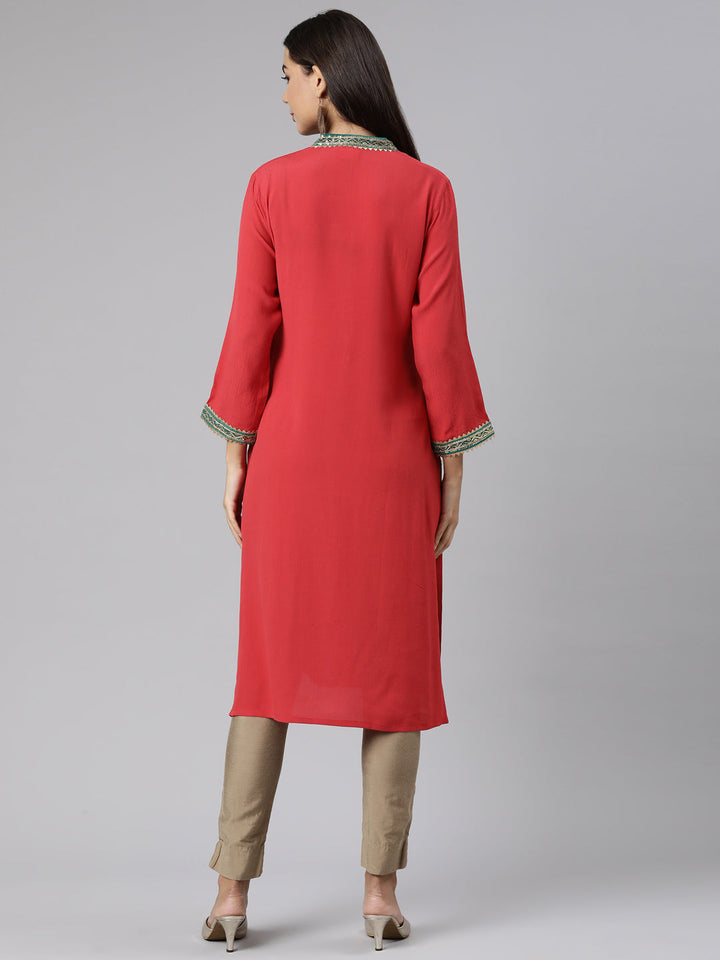 Neerus Red chiffon solid straight kurti - side view