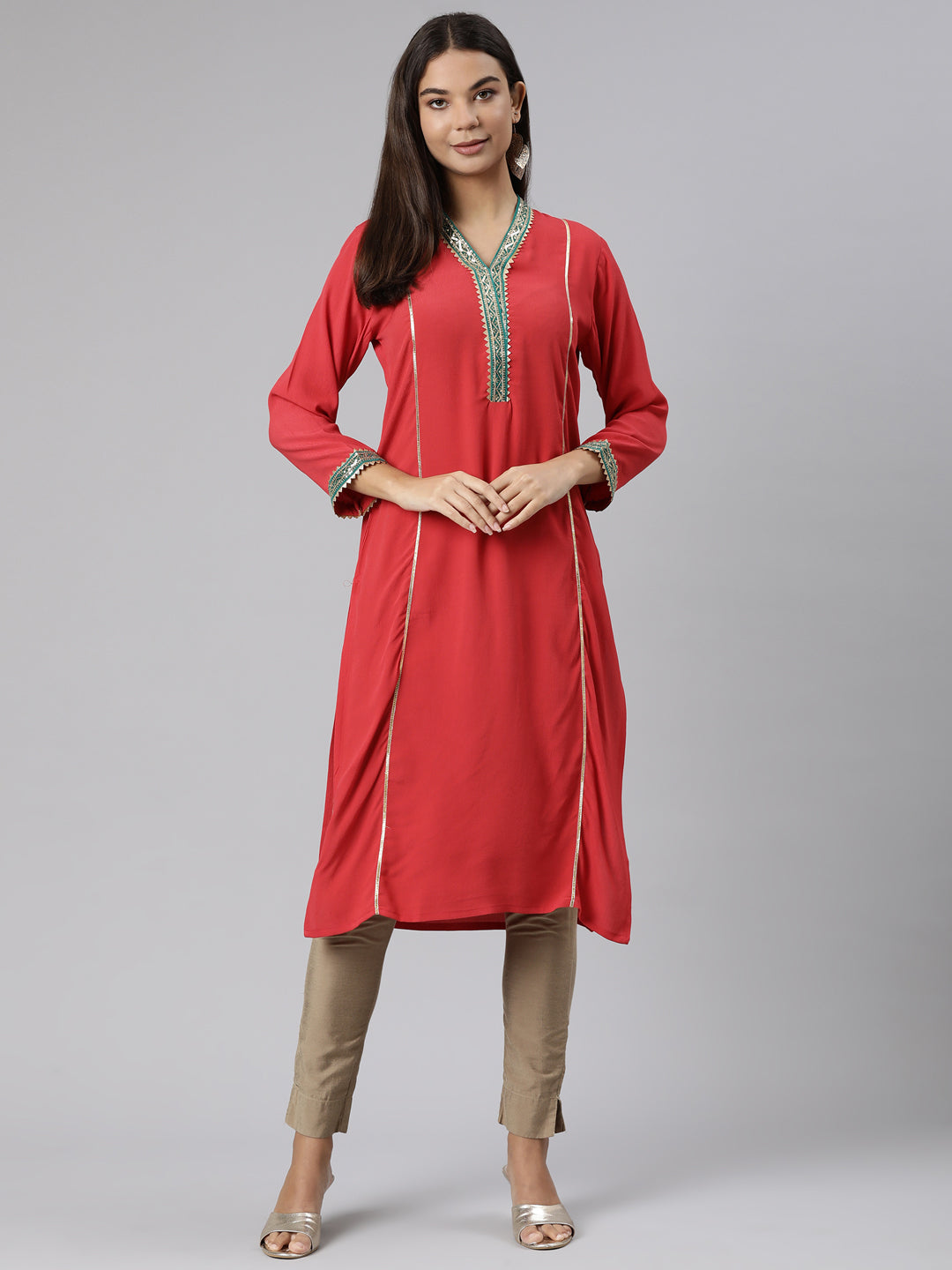 Neerus Red chiffon solid straight kurti - detail view 2