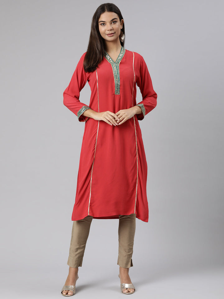 Neerus Red chiffon solid straight kurti - detail view 2