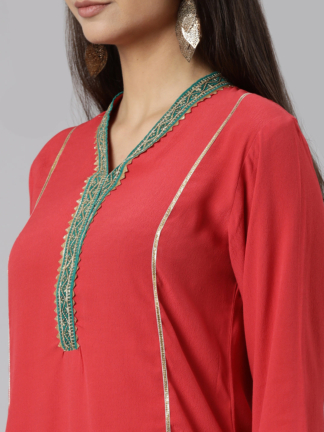Neerus Red chiffon solid straight kurti - detail view 1