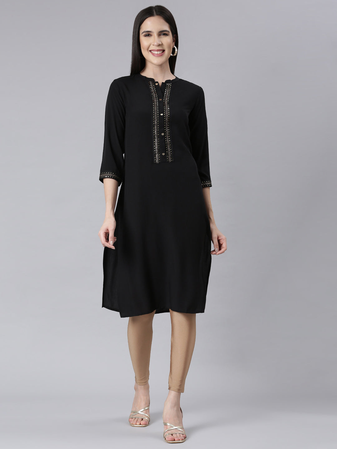 Neerus Black rayon embellished straight kurti - front view