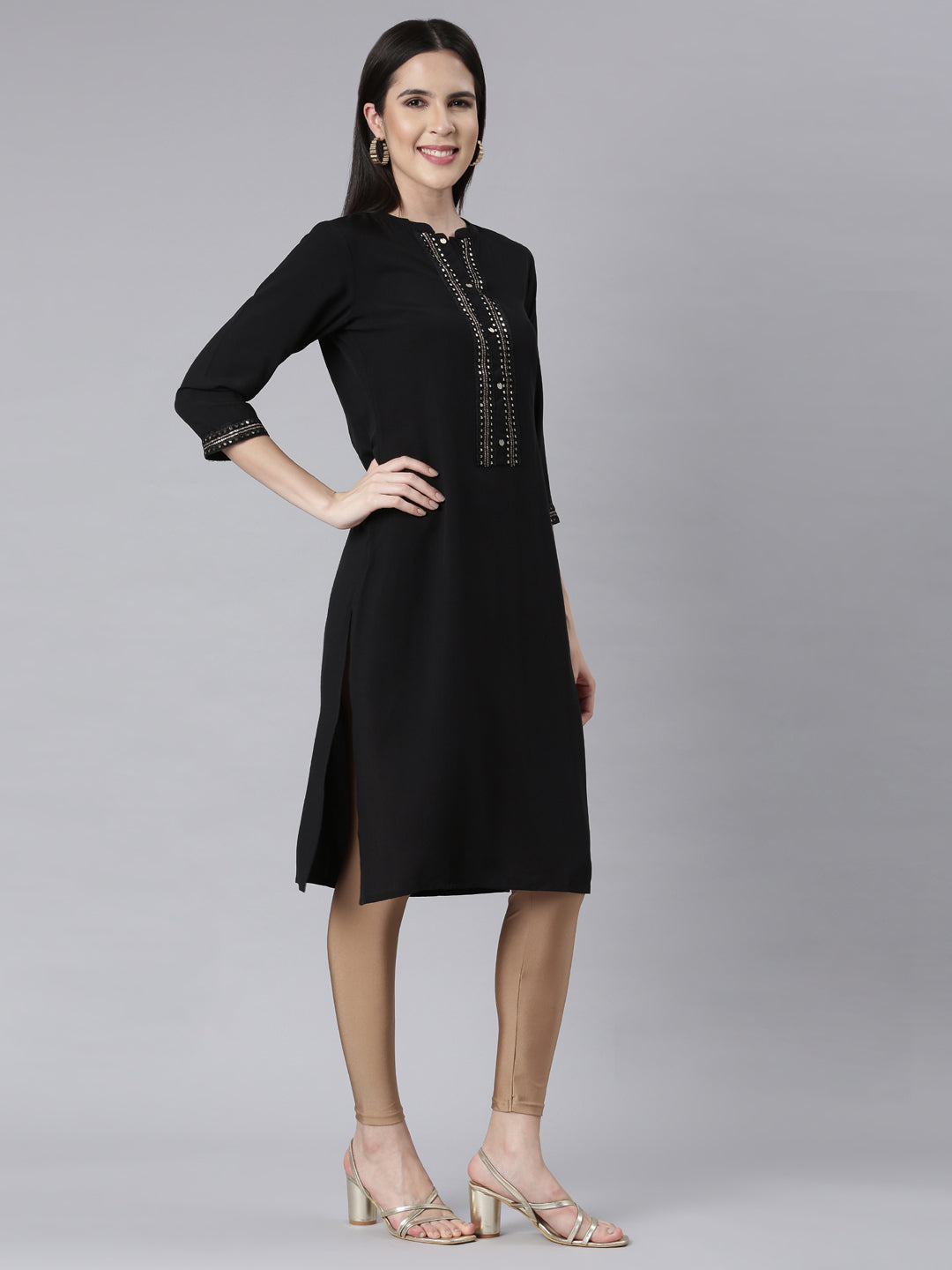 Neerus Black rayon embellished straight kurti - back view