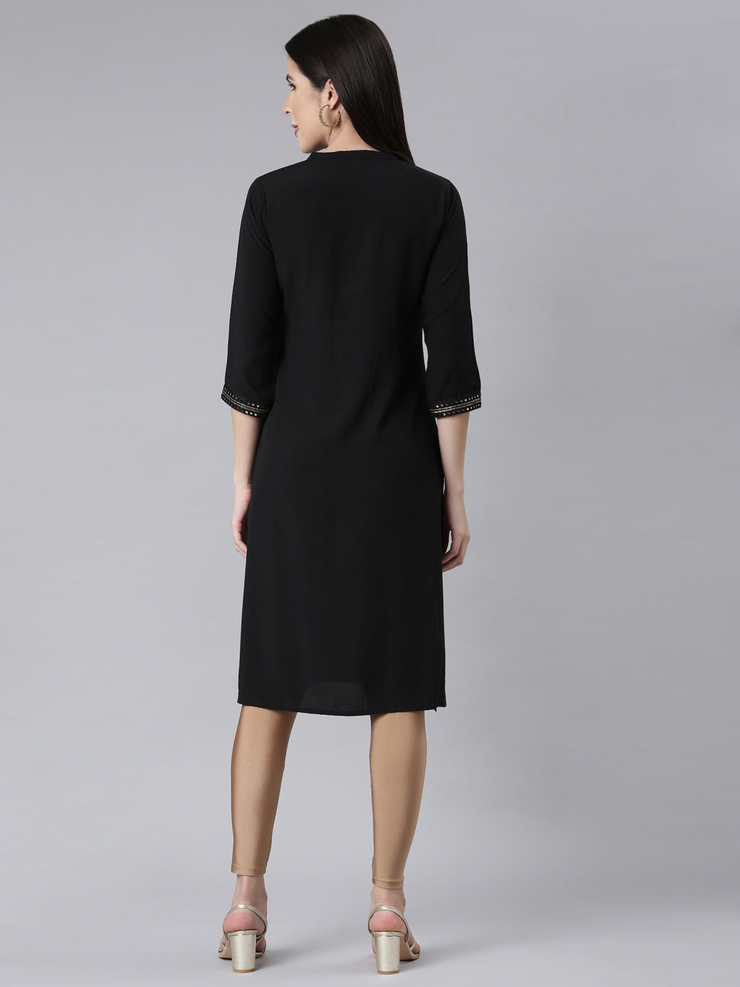 Neerus Black rayon embellished straight kurti - side view