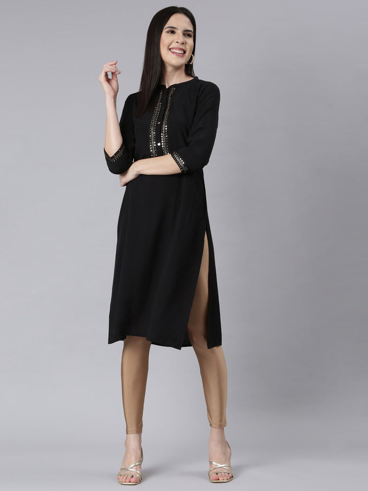 Neerus Black rayon embellished straight kurti - detail view 1