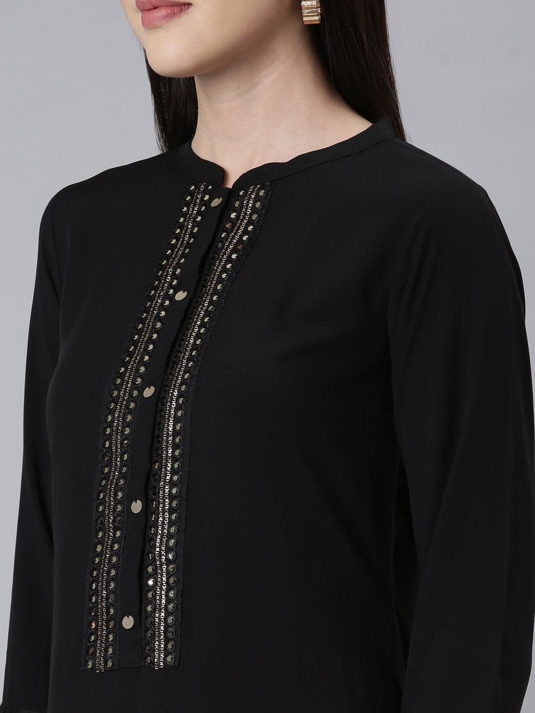 Neerus Black rayon embellished straight kurti - detail view 2