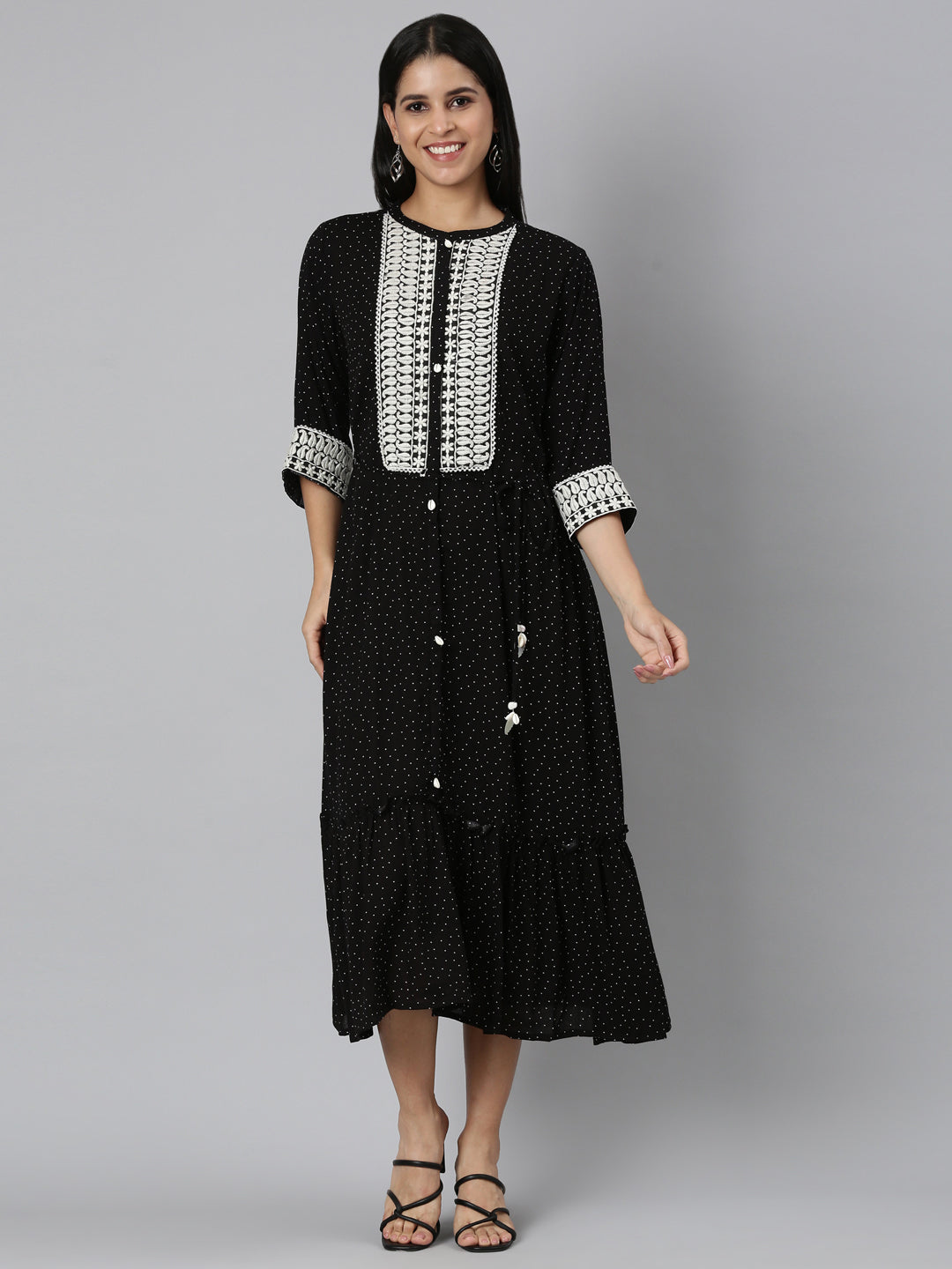 Neerus Black embroidered straight kurti - front view