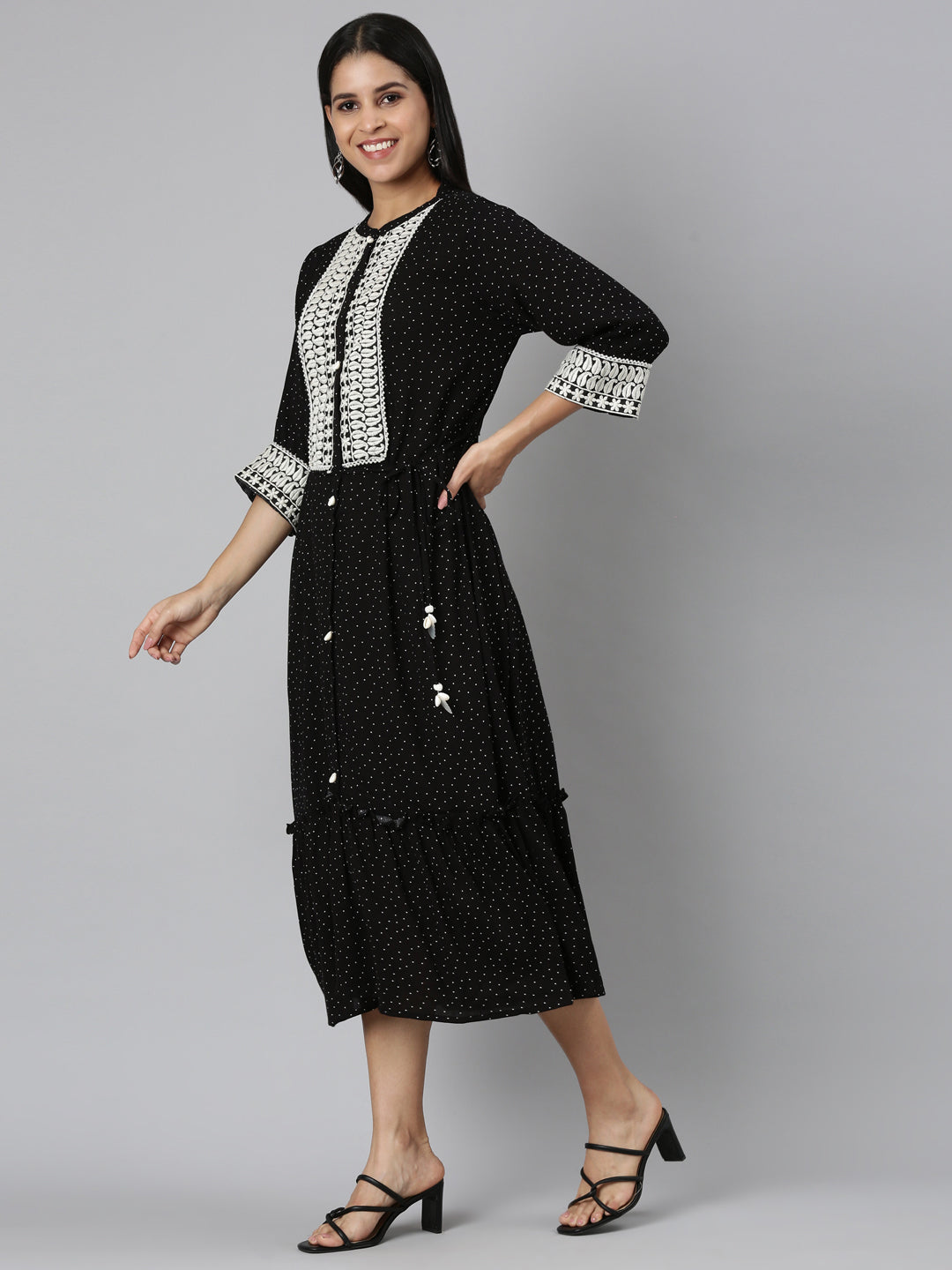 Neerus Black embroidered straight kurti - back view